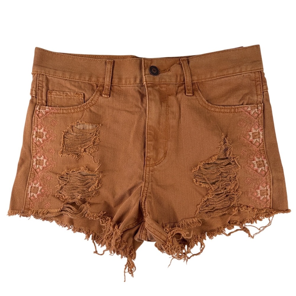 Hollister High Rise Short-Short Distressed Rust Brown Embroidered Denim NWT